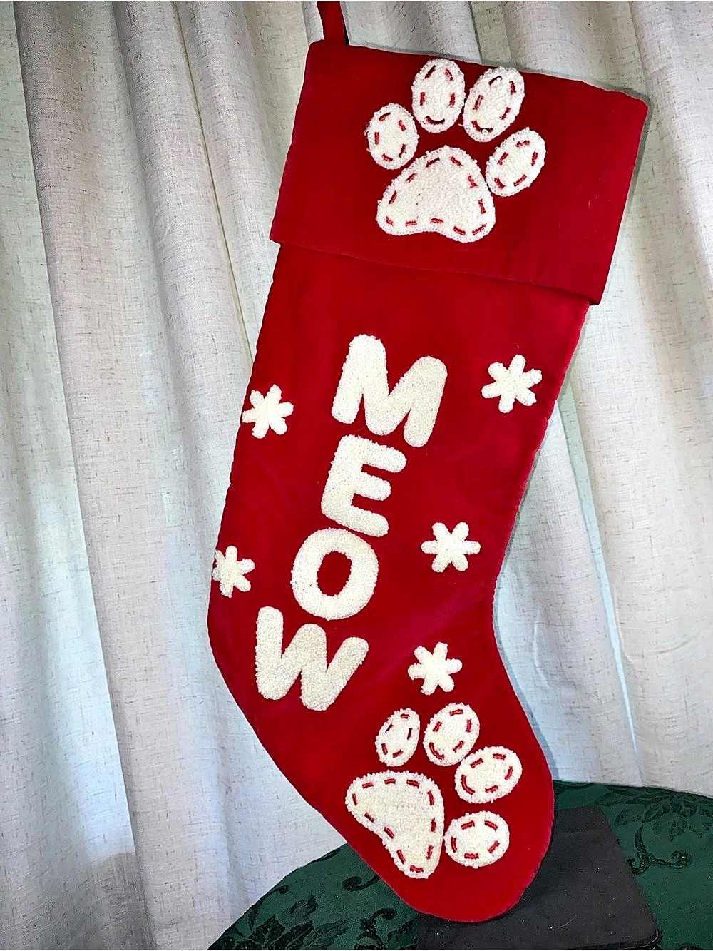 St Nicholas Square MEOW Cat Pet Christmas Stocking Red Velvet Paw Print New